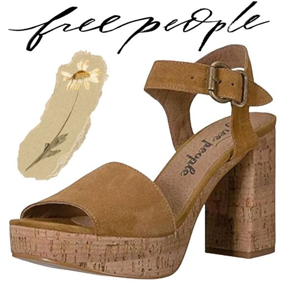 Free People Sandals womens 8.5 BOHO Tan Brooke Platform Suede Strap Block Sandal - Picture 1 of 16